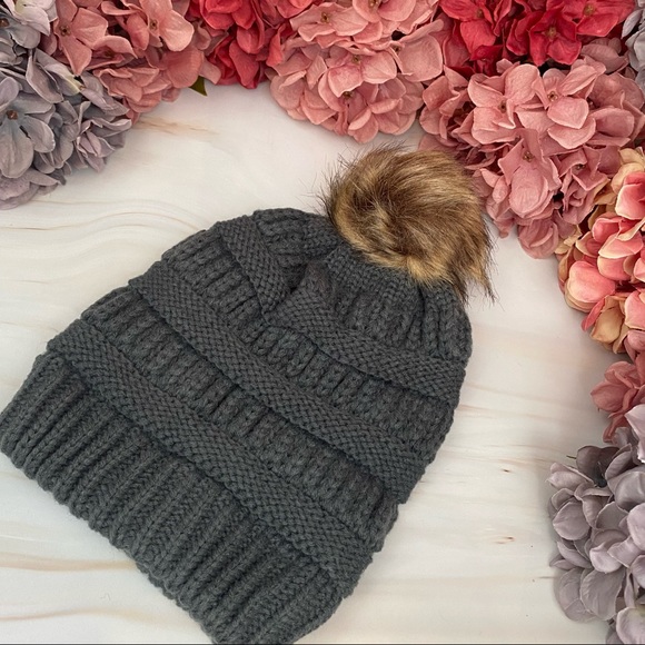 Dark Gray Knit Criss Cross Ponytail Pom Pom Beanie with Mask Buttons - Picture 7 of 15